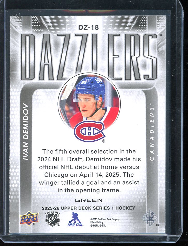 2025-26 Ivan Demidov Green Dazzlers Upper Deck Hockey Rookie Insert Card #DZ-18 - Image 2